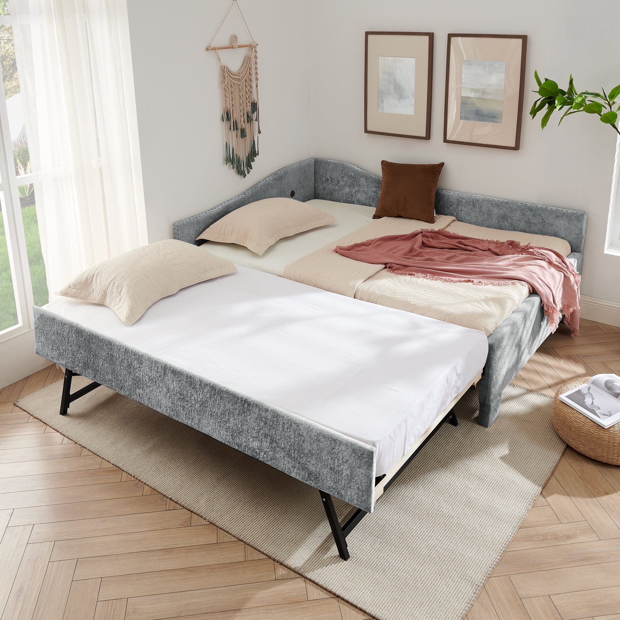 Full Size Daybed,Chenille Upholstered Daybed with Pull-Out Trundle & Built-In USB Charging Port,2-in-1 Space Saving Sofa Bed for Guest Room,Small Space,Grey