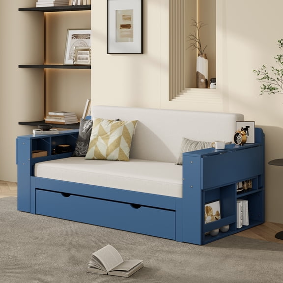 Full Size Daybed with Detachable and Extendable Armrests, 4-in-1 Multifunctional Sofa Bed with Storage Drawers, Side Cabinet, Hydraulic Side Table, No Box Spring Needed, for Guest Room, Blue
