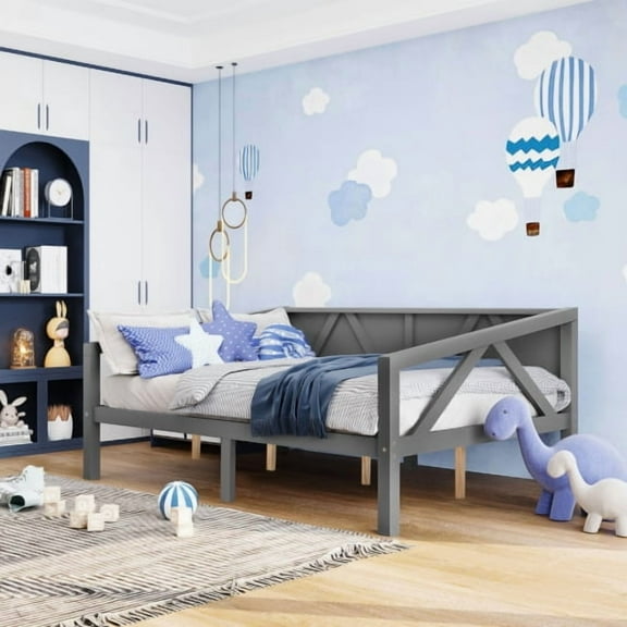 Full Size Daybed Frame, Modern Gray Solid Wood Sofa Bed with Storage Space, Multi-Functional Guest Bed for Bedroom, Living Room, Apartment, No Box Spring Needed, 79.5"x57.1"x34.7"