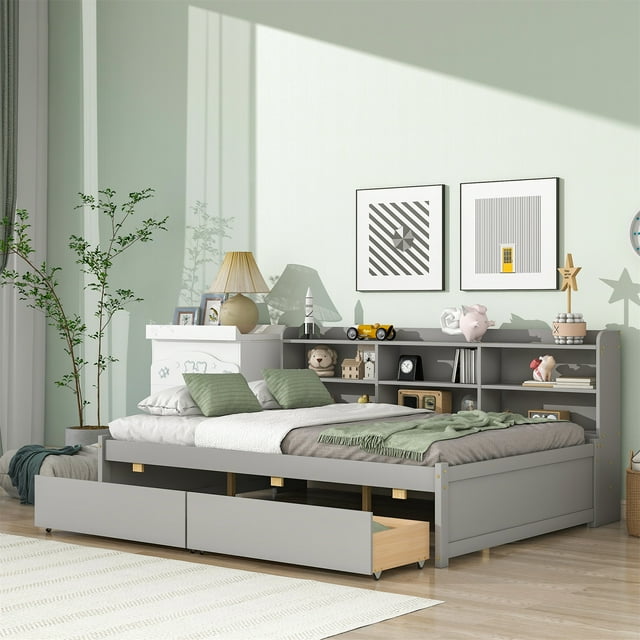 Full Size Daybed Frame with Side Bookcase and Drawers, Solid Wood ...