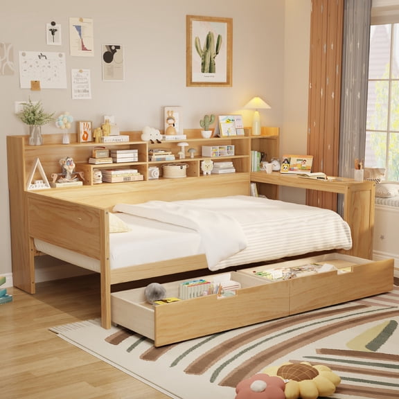 Full Size Daybed Frame with Storage Shelves, Wooden Multi-functiona Daybed with 2 Storage Drawers and Study Deskfor Bedroom, Apartment, Mattress not included, No Spring Box Required, Natural