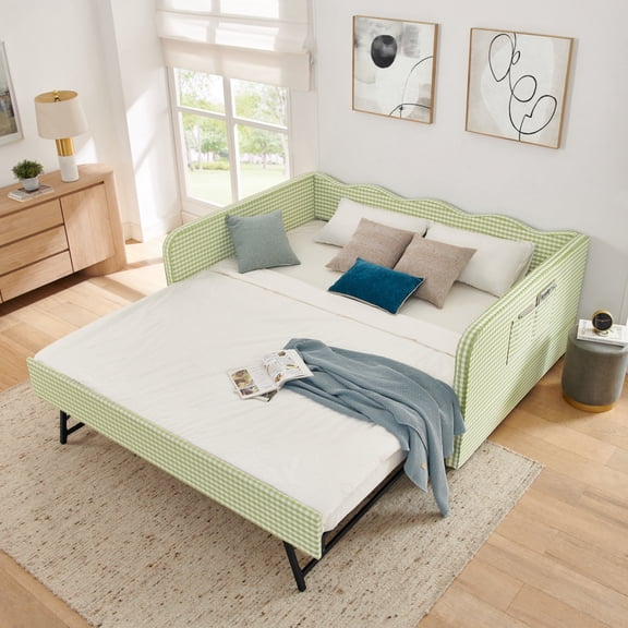 Full‑Size Daybed, Gingham Upholstered 3‑in‑1 Versatile Convertible Sofa Bed with Pull‑Out Trundle & Side Storage Pockets, Ideal for Multiple Room Layouts and Small‑Space Living-Green