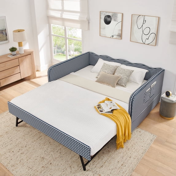 Full‑Size Daybed, Gingham Upholstered 3‑in‑1 Versatile Convertible Sofa Bed with Pull‑Out Trundle & Side Storage Pockets, Ideal for Multiple Room Layouts and Small‑Space Living-Green