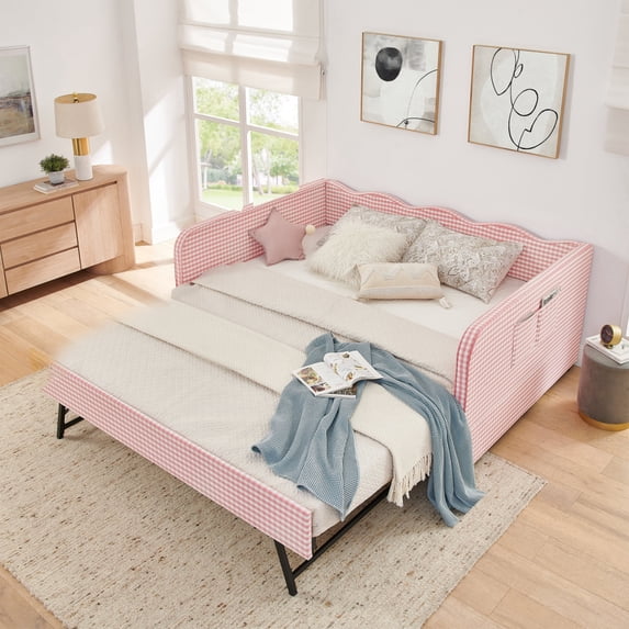 Full‑Size Daybed, Gingham Upholstered 3‑in‑1 Versatile Convertible Sofa Bed with Pull‑Out Trundle & Side Storage Pockets, Ideal for Multiple Room Layouts and Small‑Space Living-Green