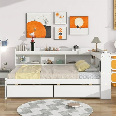 Full Size Daybed with L-shaped Bookcases and 2 Drawers, Solid Wood Daybed Frame with Headboard and Slats Support, Space Saving Dual-use Platform Bed Sofa Bed for Bedroom, No Box Spring Needed, White