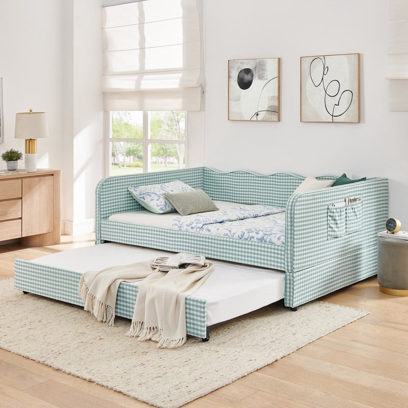 Full Size Daybed with Pop Up Trundle, Gingham Twin to King Daybed with Side Storage Pockets, Upholstered Sofa Bed Frame for Living Room Bedroom, No Box Spring Needed
