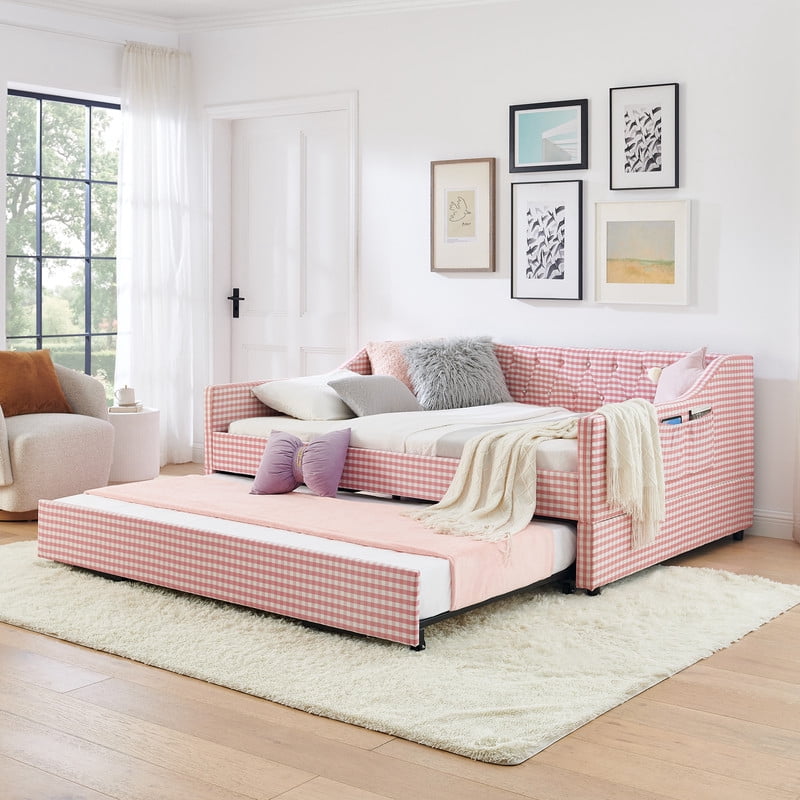 Full Size Daybed with Pop Up Trundle, Gingham Upholstered Daybed Frame with Tufted Button Backrest and Side Storage Pocket, Modern Sofa Bed for Living Room Bedroom