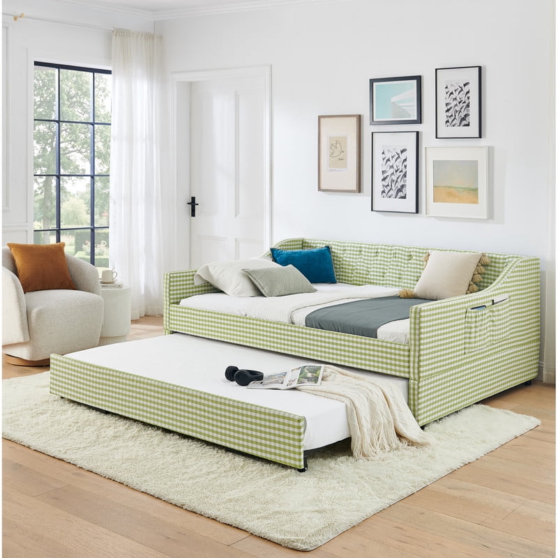 Full Size Daybed with Pop Up Trundle, Gingham Upholstered Daybed Frame with Tufted Button Backrest and Side Storage Pocket, Modern Sofa Bed for Living Room Bedroom