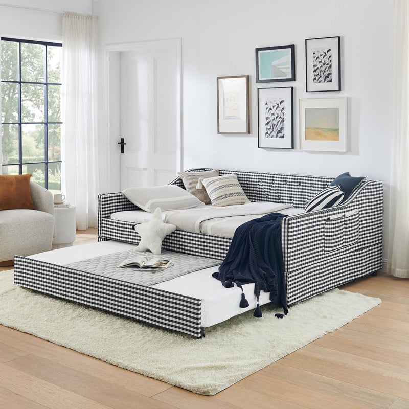 Full Size Daybed with Pop Up Trundle, Gingham Upholstered Daybed Frame with Tufted Button Backrest and Side Storage Pocket, Modern Sofa Bed for Living Room Bedroom