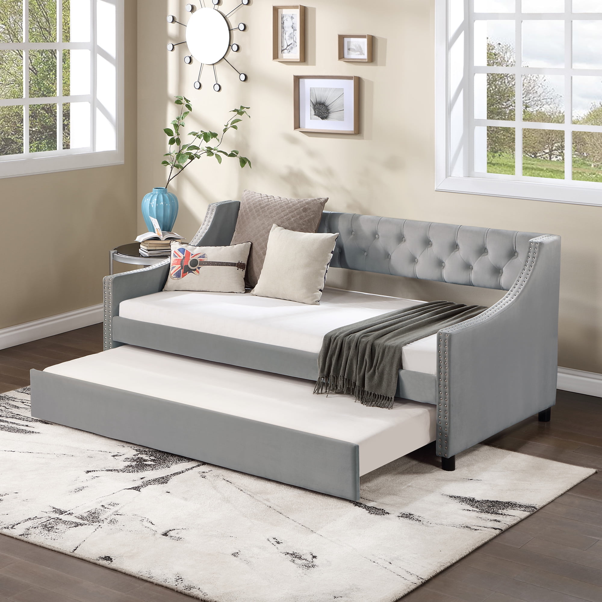 Full Size Daybed with Pull out Trundle Modern Upholstered Bed Frame with Button Tufted Backrest and Rivets Trim Armrest Sofa Bed with Slats Support