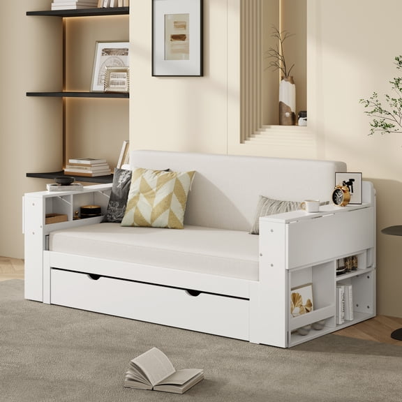 Full Size Daybed with Removable Desk, Wood Bed Frame with Storage Drawers, 4-in-1 Multifunctional Bed Frame with Side Table for Bedroom Apartment, White
