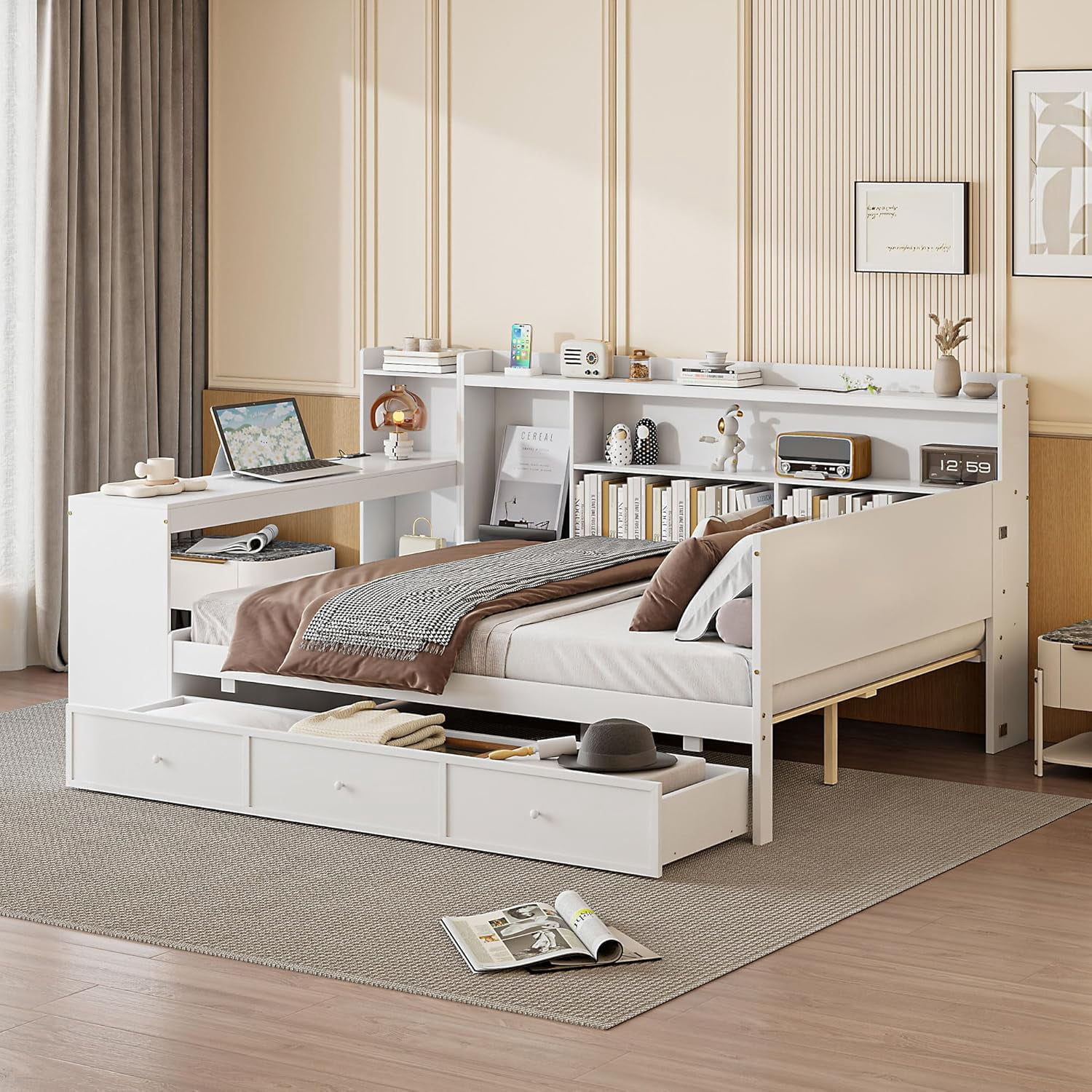Full Size Daybed with Storage Drawers & Bokcase, Wood Daybed with Desk