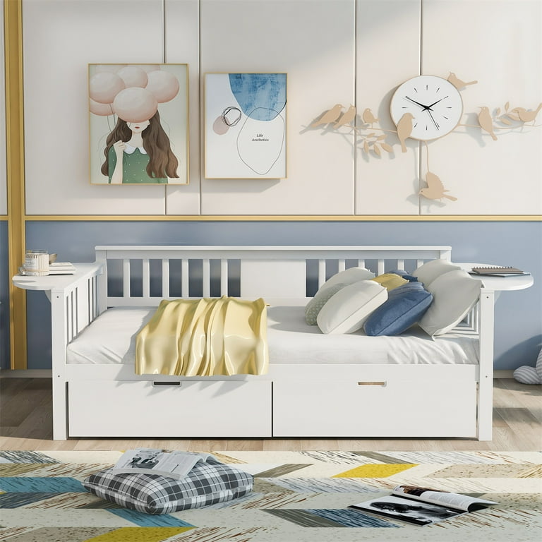 Full Size Daybed with Storage Drawers and Folding Side Tables Wooden Sofa Bed Frame with Three Sides Guardrails Dual use Daybed for Bedroom and