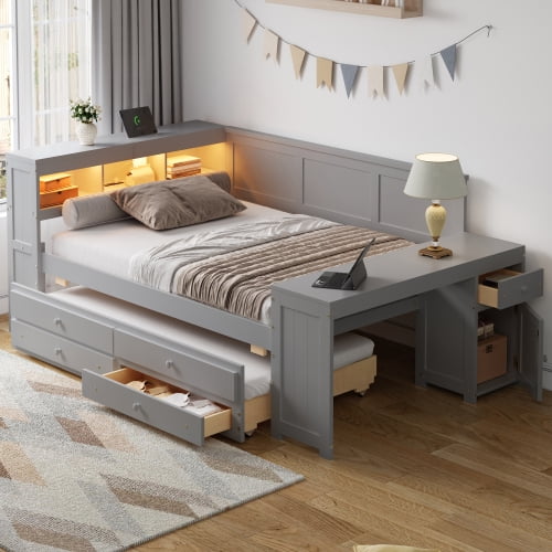 Full Size Daybed with Storage Shelves, Drawers, Trundle, Charging Station & LED Light - Modern Gray Daybed with Desk and Pull Out Bed for Small Space, Bedroom, Dorm, Studio Apartment
