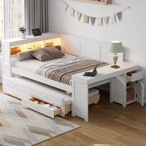 Full Size Daybed with Storage Shelves, Drawers, Trundle, Charging Station & LED Light - Modern White Daybed with Desk and Pull Out Bed for Small Space, Bedroom, Dorm, Studio Apartment