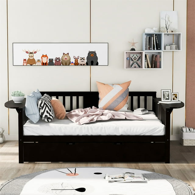 Full Size Daybed with Trundle Bed and Folding Side Tables, Wooden Sofa Bed with Three Sides Guardrails, Dual-use Daybed Suitable for Bedroom and Living Room, No Box Spring Required, Espresso