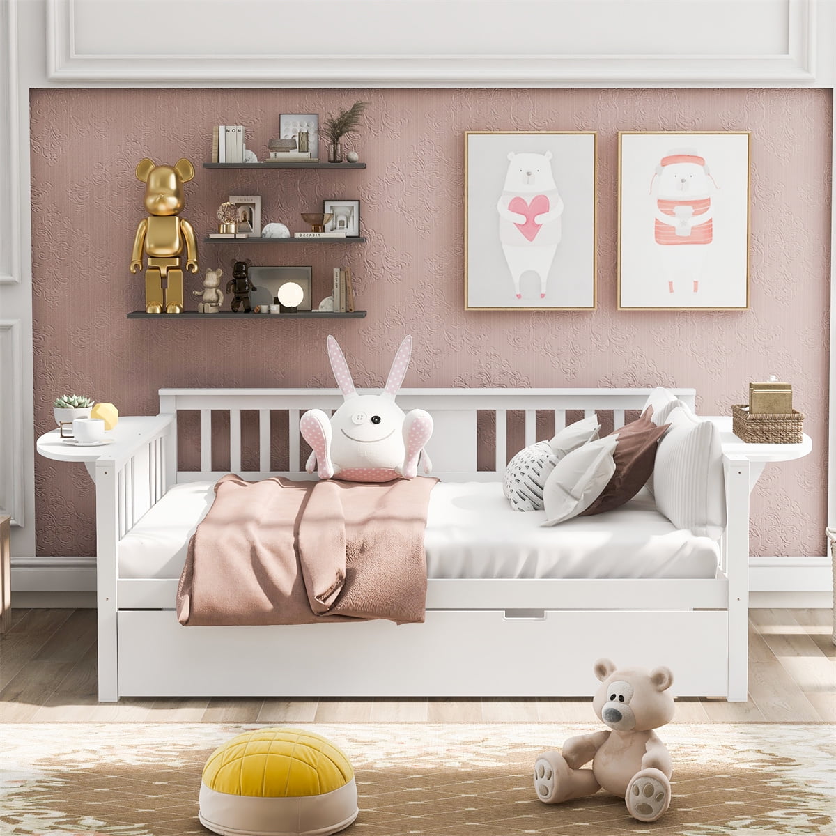 Full Size Daybed with Trundle Bed and Folding Side Tables Wooden Sofa Bed with Three Sides Guardrails Dual use Daybed Suitable for Bedroom and
