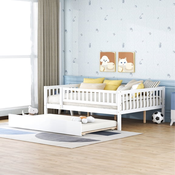 Full Size Daybed With Trundle And Fence Guardrail In White - Strong Build, Convenient Extra Sleeping Size Guardrails Stable Wood Save Space Without Compromising Comfort