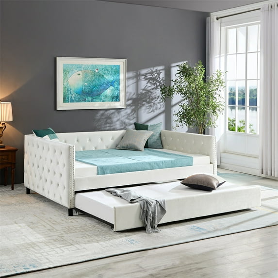 Full Size Daybed with a Trundle, Upholstered Velvet Day Bed, Button-Tufted Sofa Daybed Frame for Bedroom Living Room, Guest Room, No Box Spring Needed