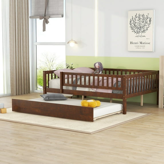 Full Size Daybed with Trundle, Wood Full Bed Frame with Fence Guardrails, Wood Daybed with Wood Slat Support for Kids Boys Girls, Bedroom Living Room Guest Room, No Box Spring Needed, Walnut