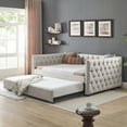 thumbnail image 1 of Full Size Daybed with Twin Trundle Bed, Linen Upholstered Sofa Bed Frame with Button Tufted Backrest and Armrest, Full Platfrom Bed Frame with Nailhead Trim and Caster, Mattress Not Included, Beige, 1 of 7