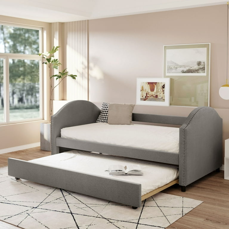 Full Size Daybed with Twin Size Trundle Linen Fabric Upholstered
