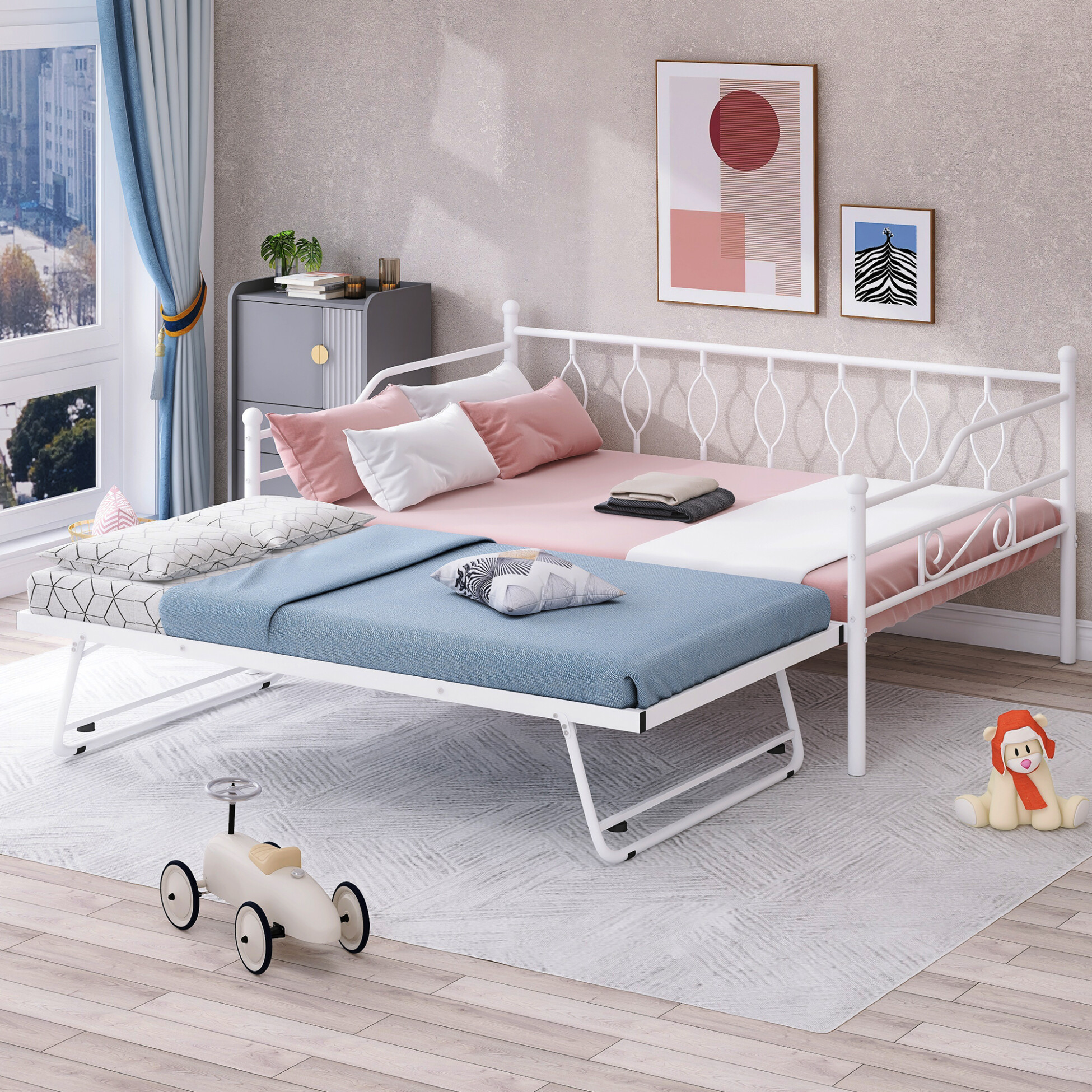 Full Size Daybed with Twin Trundle, Metal Daybed Frame with Portable