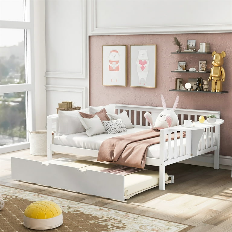 Twin Size Daybed, Solid Pine Wood Bed Frame with Pull Out Trundle for Kids Teens Adults, No Box Spring Needed - White