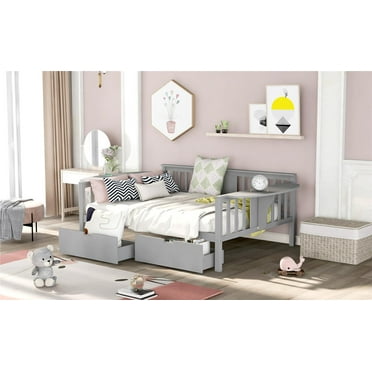 Full Size Daybed with Two Drawers, Solid Wood Daybed Frame with Small Tables on the Left and Right Sides, Wood Slat Support, No Box Spring Needed, Gray