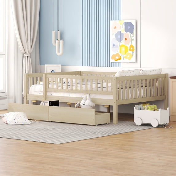 Full Size Daybed with Two Storage Drawers, Solid Wood Sofa Bed Frame with Guardrails and Support Slats, Low Platform Bed Frame for Teens Girls & Boys, No Box Spring Needed, Natural