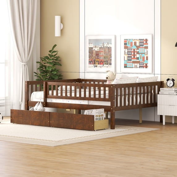 Full Size Daybed with Two Storage Drawers, Solid Wood Sofa Bed Frame with Guardrails and Support Slats, Low Platform Bed Frame for Teens Girls & Boys, No Box Spring Needed, Walnut