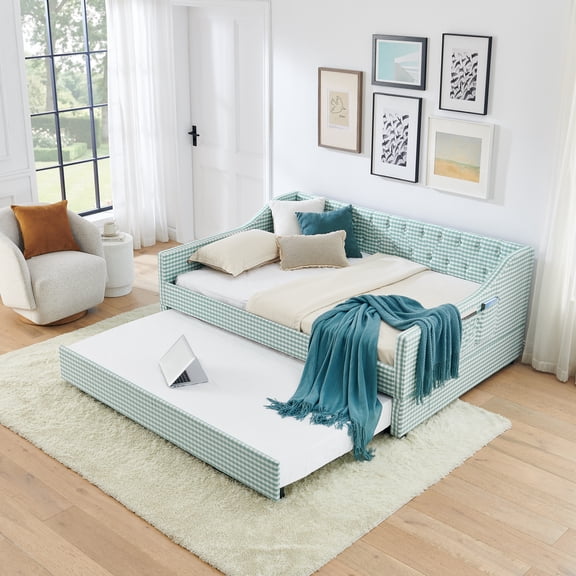 Full Size Daybed, Upholstered Convertible Daybed with Tufted Button Backrest, 3-in-1 Versatile Sofa Bed with Pull-Out Trundle and Side Storage, Perfect for Compact Living, Cyan