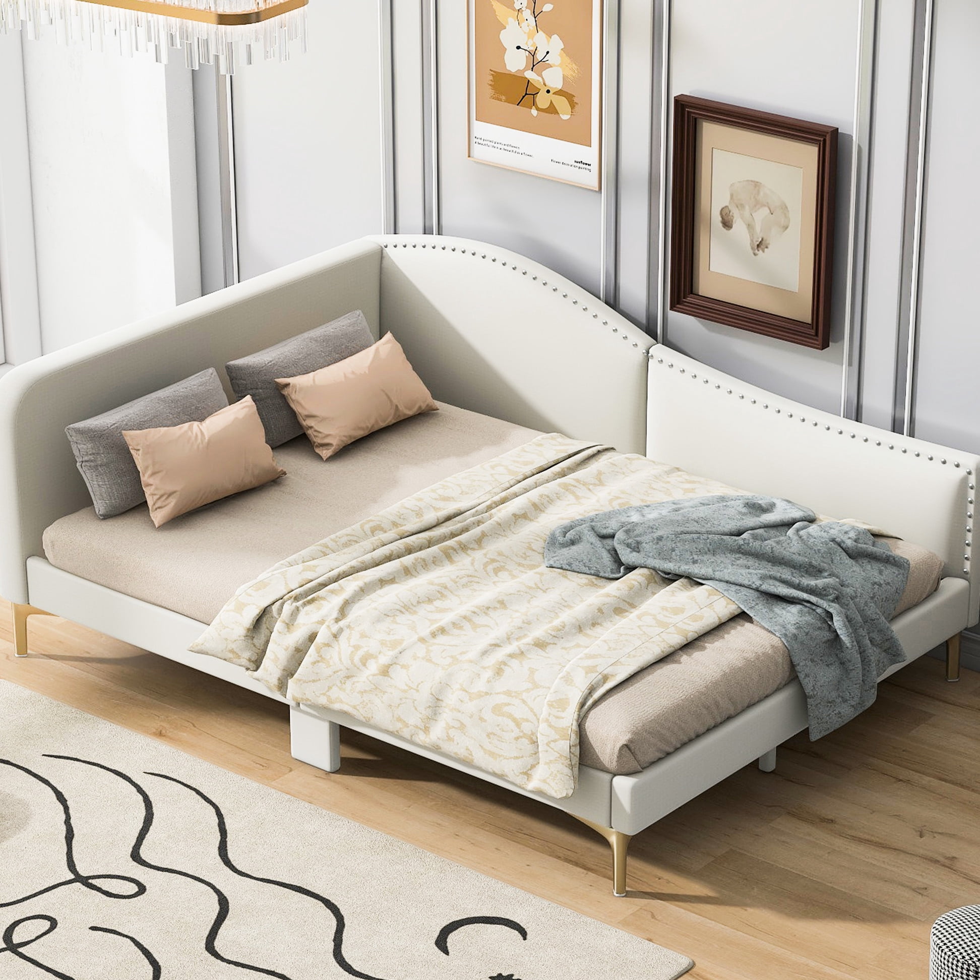 Full Size Daybed With Linen Upholstery, Headboard & Armrest, Legs ...