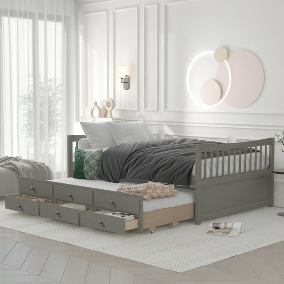 Full Size Daybed With Twin Size Trundle And Drawers, Full Size, Gray
