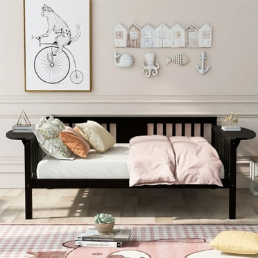 Full Size Daybed Wood Daybed Frame with 2 Foldable Tables,Sofa Bed with Rails in Three Sides,Full Bed with Underbed Space Wood Slat Support for Bedroom Dorm,Space Saving,No Box Spring Needed,Espresso