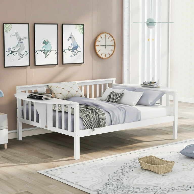 Full Size Wood Daybed with Small Table Wood Slat Support No Box Spring Needed White