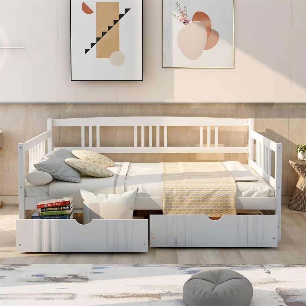 Full Size Daybed with 2 Drawers, Wood Sofa Bed Frame with Arms, Modern