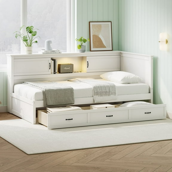 Full Size Daybed with Led Light and Charging Station, L-Shaped Captain Bed with Bookcase and 3 Drawers, Wooden Corner Bed for Teens, Adults, White