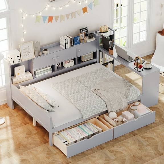 Full Size Daybed with Storage 3 Cabinets and 2 Drawers, Wooden L-Shape Daybed Frame with