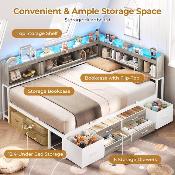 Full Size Daybed with Storage Bookcase & 6 Drawers, Corner Metal Platform Bed with Charging Station and LED Lights for Bedroom, Gray