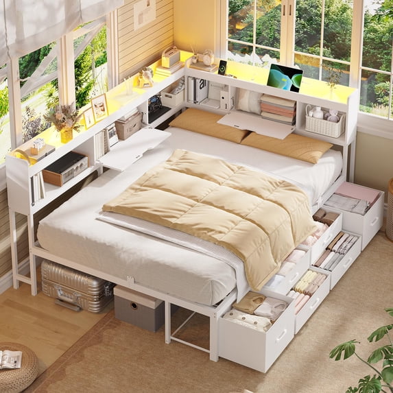 Full Daybed With Storage L-Shape Bookcase & 6 Drawers Metal Platform Bed Small Space Guestroom Furniture White