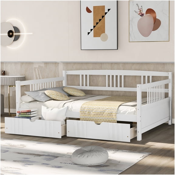 Full Size Daybed with Storage Drawers, White Wood Sofa Bed for Small Spaces, Guest Room Furniture
