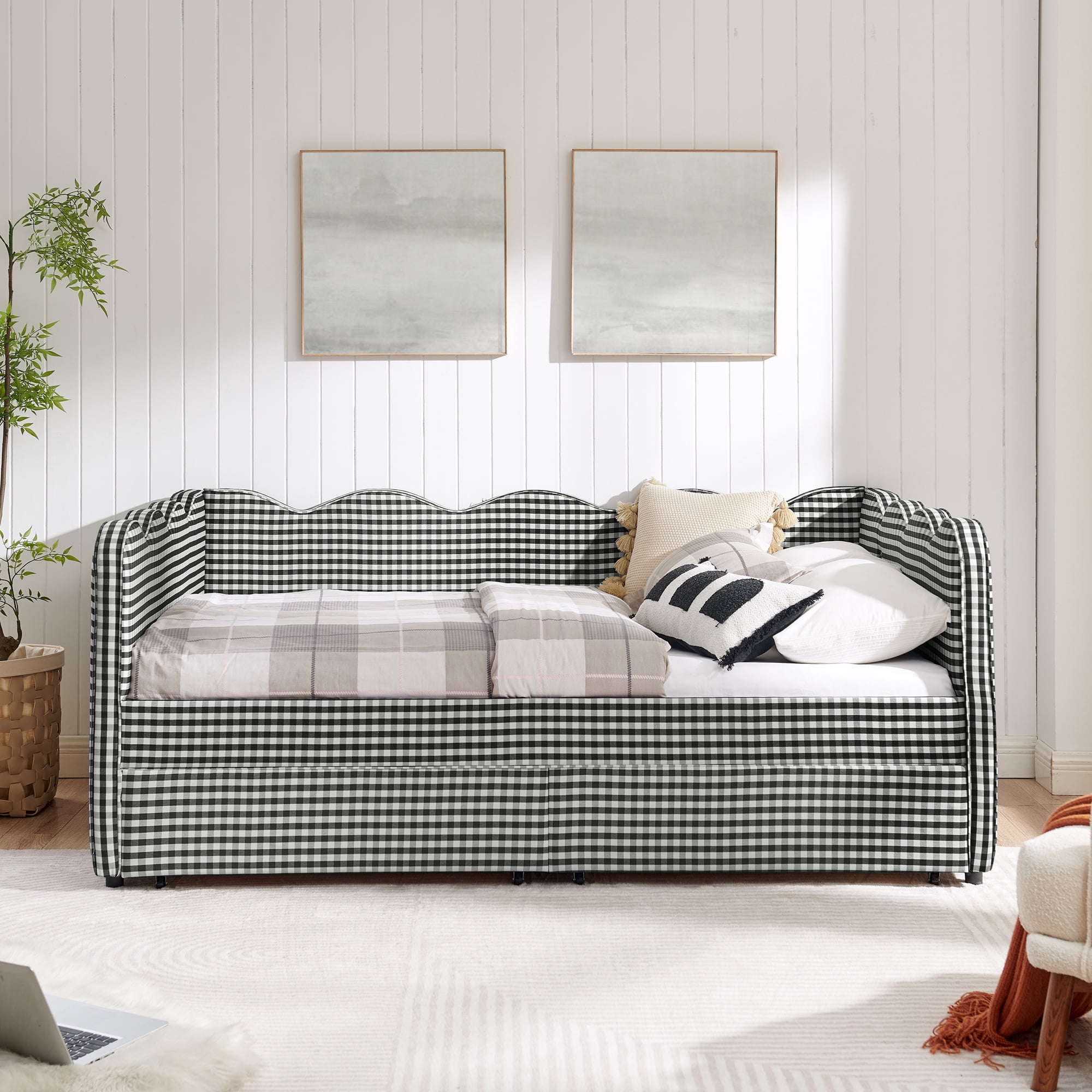 Full Size Daybed with Storage Drawers and USB Port, Upholstered Linen Sofa Bed Frame with Wave Design, Kids Guest Bed for Bedroom Living Room, Black