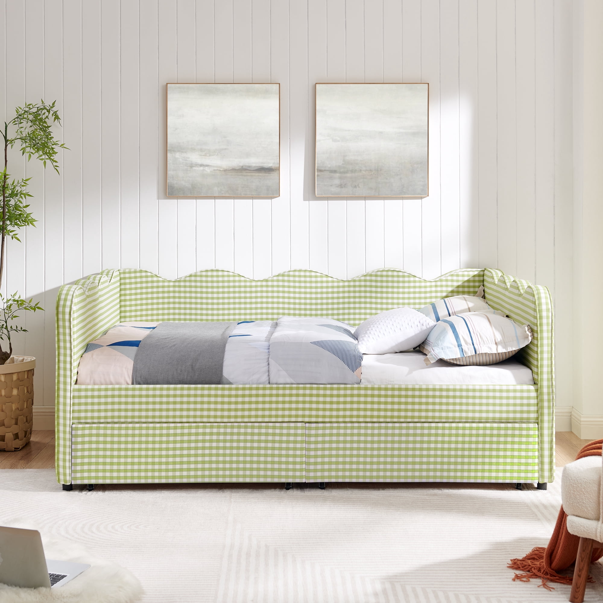 Full Size Daybed with Storage Drawers and USB Port, Upholstered Linen Sofa Bed Frame with Wave Design, Kids Guest Bed for Bedroom Living Room, Green