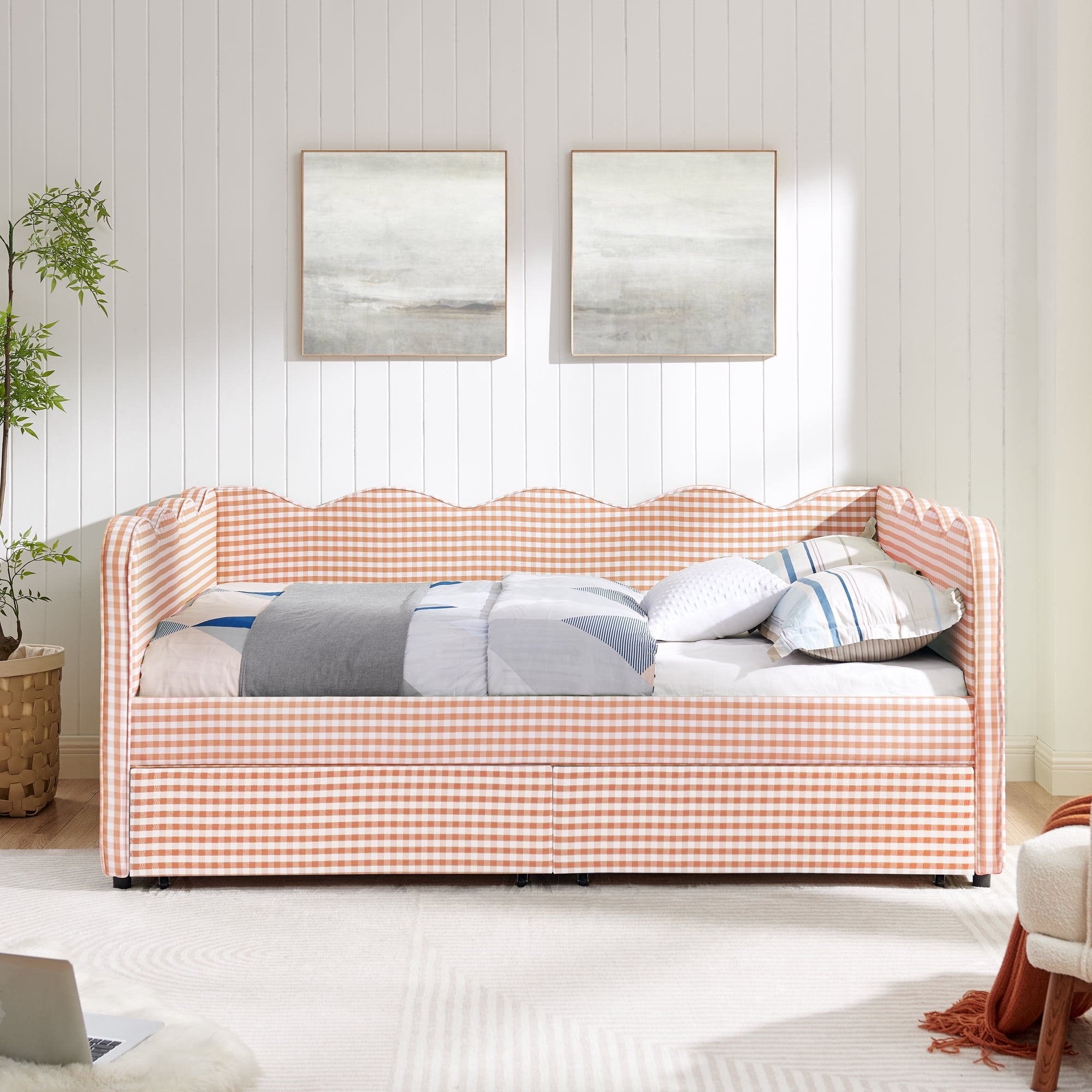 Full Size Daybed with Storage Drawers and USB Port, Upholstered Linen Sofa Bed Frame with Wave Design, Kids Guest Bed for Bedroom Living Room, Pink