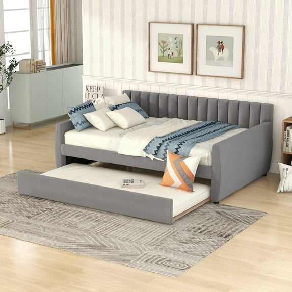 Triple Tree Velvet, Plywood Tufted Full Size Upholstered Daybed with Pull-out Trundle Bed Gray