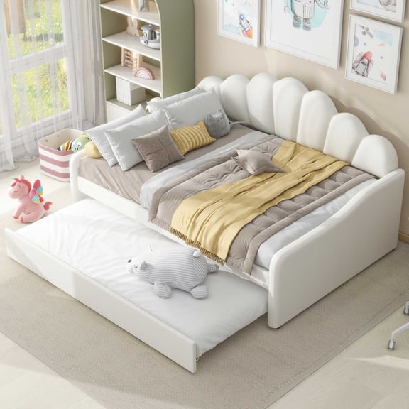 Full Size Daybed with Trundle, Daybed Frame Sofa Bed with Upholstered Shell Shaped Headboard, Wood Slat Support, White
