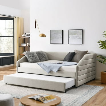 Full Size Daybed with Trundle,Modern Upholstered Tufted Sofa Bed,Linen Fabric Daybed Frame for Bedroom Living Room Guest Room,Beige