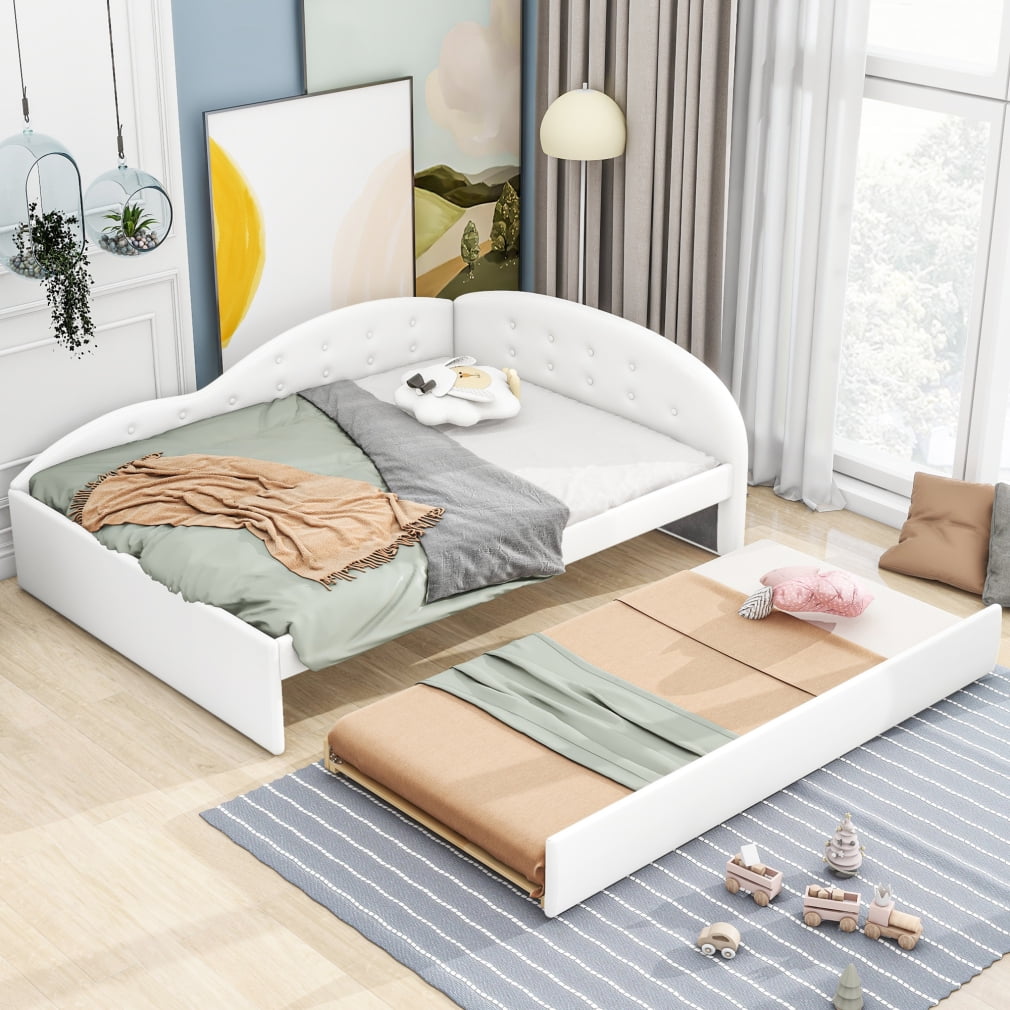 Full Size Daybed with Trundle, PU Upholstered Daybed Frame with Cloud