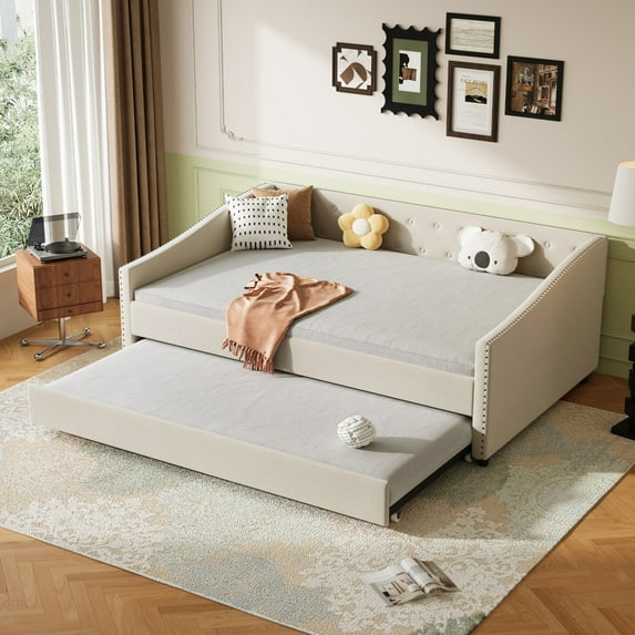 Full Size Daybed with Trundle, Upholstered Corner Bed Frame with Waved Shape Armrests, Wooden Sofa Bed Frame with Slat Support, Beige